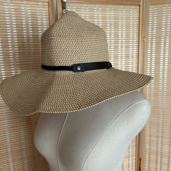 Wide Brim Straw Sun Hat With Brown Band & Button Detail - Picture 1 of 9